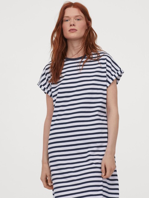 

H&M Women Navy Blue And White Striped T-shirt Dress