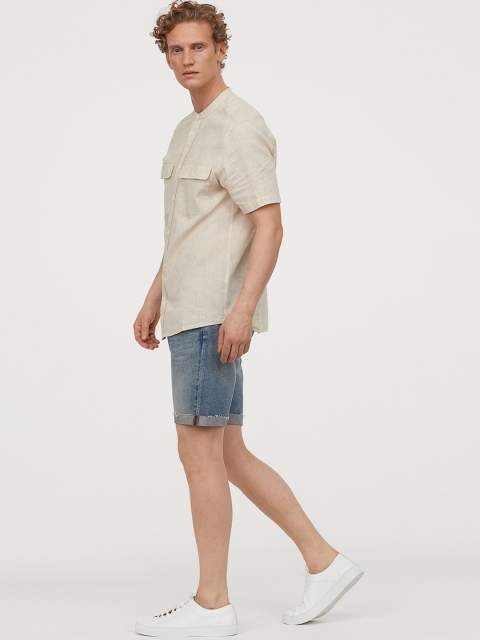 

H&M Men Beige Regular Fit Self Design Casual Linen Shirt