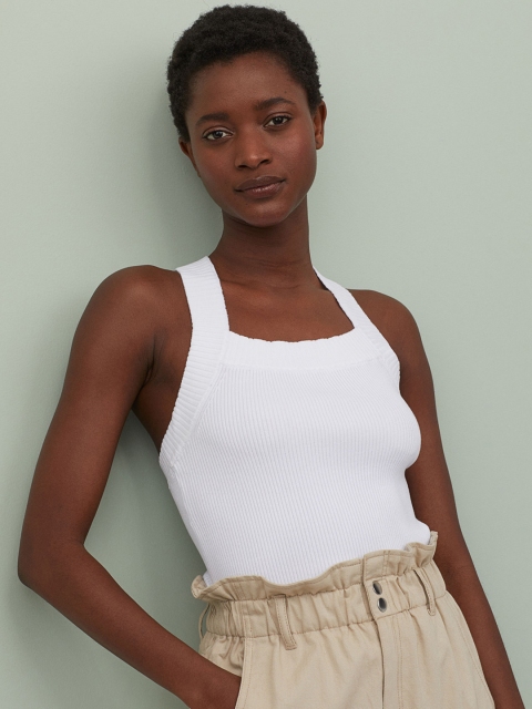 

H&M Women White Solid Rib-Knit Tank Top
