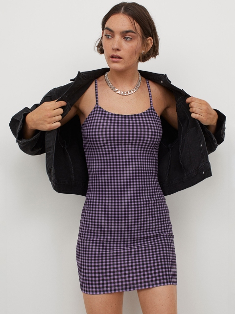 

H&M Women Purple & Black Checked Bodycon Dress