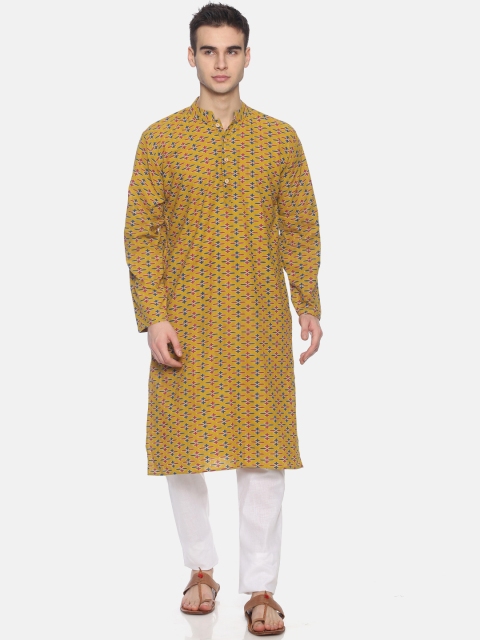 

PAROKSH Men Mustard Yellow & Blue Woven Design Straight Kurta
