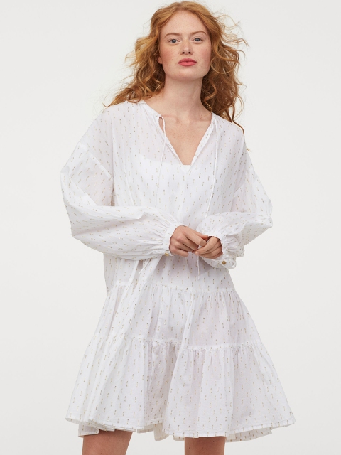 

H&M Women White & Gold Woven Design Cotton Beach Dress