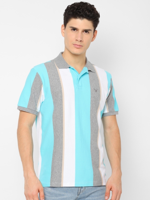 

AMERICAN EAGLE OUTFITTERS Men Turquoise Blue & White Striped Polo Collar T-shirt