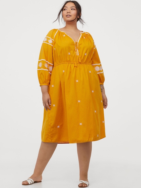 

H&M+ Women Mustard Yellow Embroidered Cotton Dress