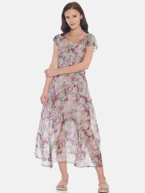 Ira Soleil Women Grey & Purple Floral Printed Fit and Flare Dress