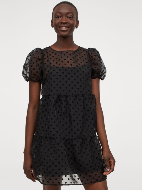 

H&M Women Black Printed Puff-Sleeved Dress