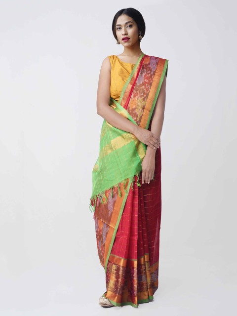 

Unnati Silks Red & Green Silk Cotton Woven Design Kanjeevaram Saree
