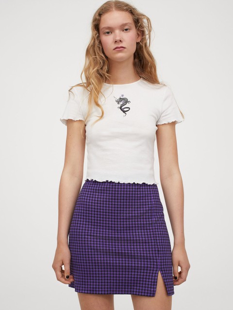 

H&M Women Purple & Black Checked Short Slit-Hem Skirt