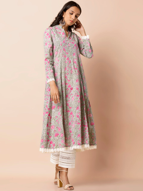 

INDYA Women Grey & Pink Printed A-Line Kurta