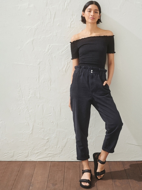 

H&M Women Black Solid Paper Bag Chinos