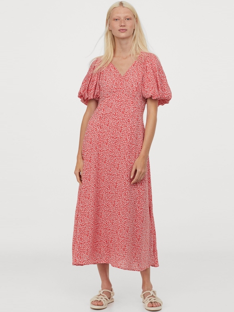 

H&M Women Red & White Micro Floral Print Puff-Sleeved Sustainable Dress