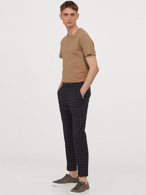 

H&M Men Navy Blue Skinny Fit Checked Regular Trousers