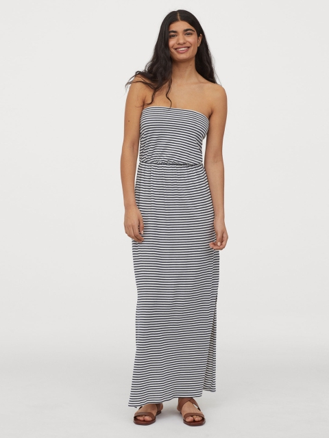

H&M Women White And Navy Blue Striped Maxi Dress