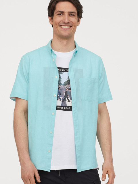 

H&M Men Turquoise Blue Solid Cotton Shirt Regular Fit