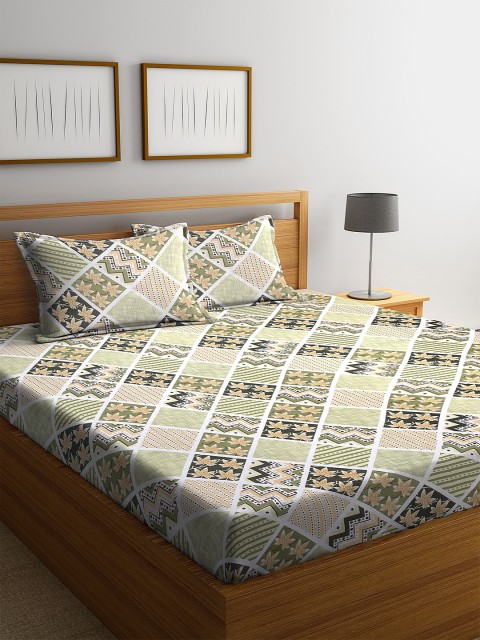 

NEUDIS Green Floral 152 TC Cotton 1 Queen Bedsheet with 2 Pillow Covers