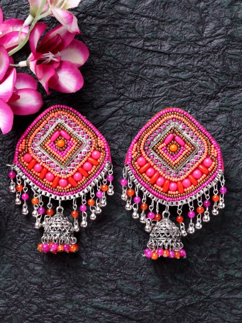 

Moedbuille Pink & Orange Dome Shaped Handcrafted Brass-Plated Jhumkas