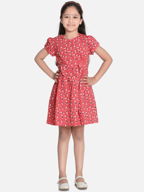 

AWW HUNNIE Girls Coral Red Printed Fit and Flare Dress