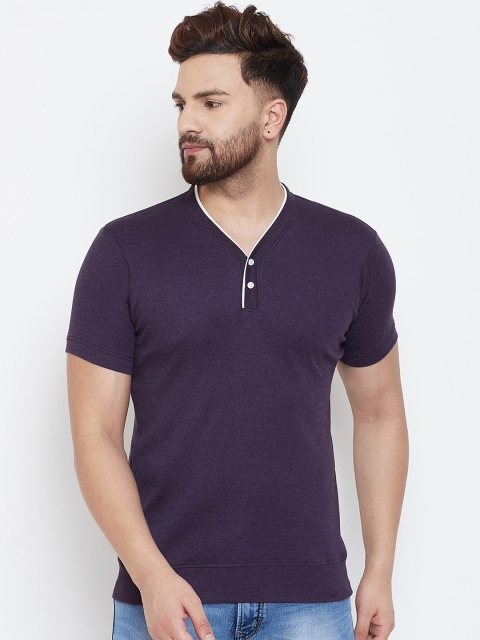 

wesquare Men Purple Solid Henley-Neck Cotton T-shirt