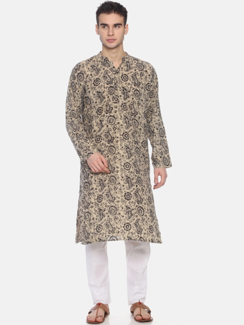 

PAROKSH Men Beige & Black Vegetable Dyed Hand Black Kalamkari Printed Straight Kurta
