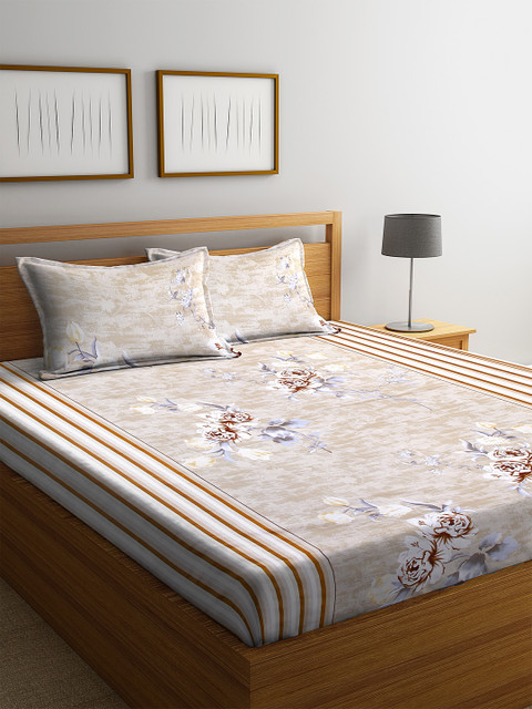 

NEUDIS Brown & Beige Floral 210 TC Cotton 1 Queen Bedsheet with 2 Pillow Covers
