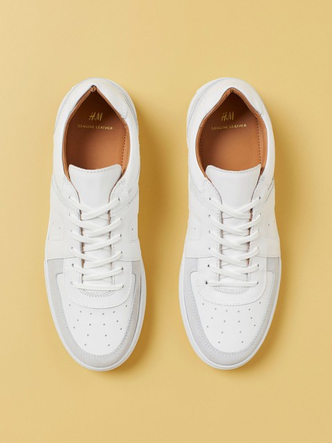 

H&M Men White Leather Solid Trainer Sneakers