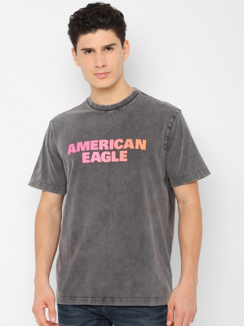 

AMERICAN EAGLE OUTFITTERS Men Charcoal Grey Brand Logo PrintT-shirt