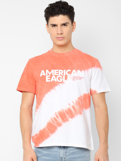 

AMERICAN EAGLE OUTFITTERS Men Peach & White Dyed Brand Logo Print Round Neck T-shirt