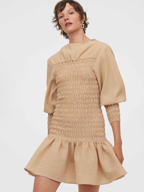 

H&M Women Beige Solid Smocked Dress