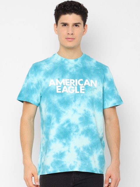 

AMERICAN EAGLE OUTFITTERS Men Blue & White Dyed Brand Logo Print T-shirt