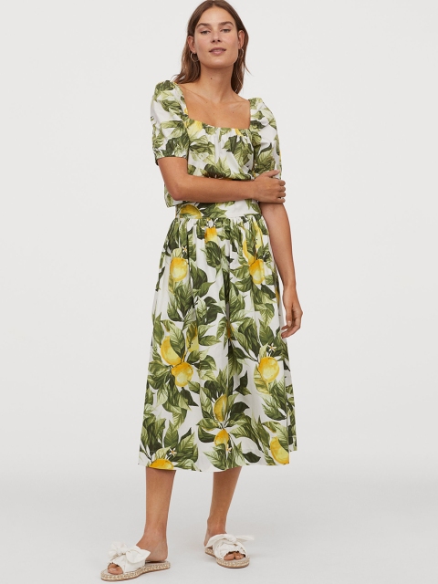 

H&M Women White & Green Lemon Patterned Cotton Skirt