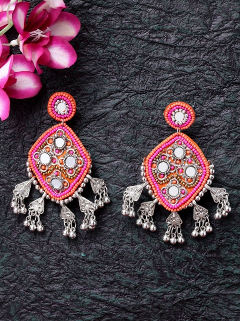 

Moedbuille Pink & Orange Brass-Plated Contemporary Afghan Handcrafted Drop Earrings