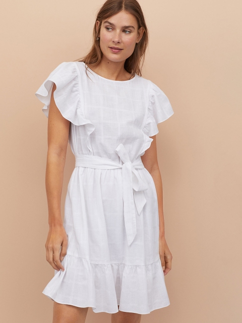 

H&M Women White Solid Flounce-trimmed Dress
