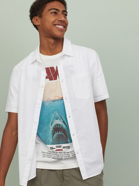 

H&M Men White Solid Short-sleeved Cotton Shirt