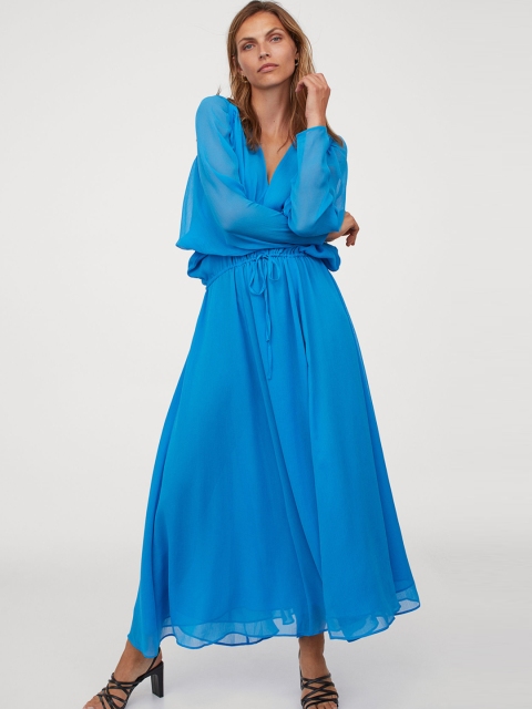 H&M Women Blue Solid Long Chiffon Dress