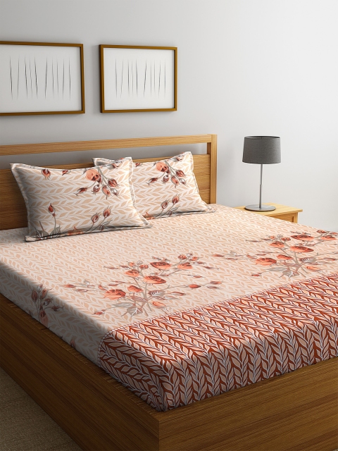 

NEUDIS Peach & Rust Floral 180 TC Cotton 1 Queen Bedsheet with 2 Pillow Covers