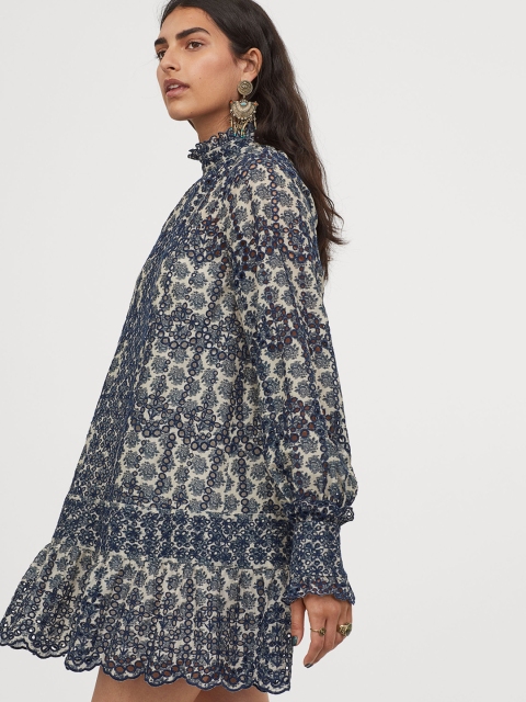

H&M Women Off-White & Navy Blue Broderie Anglaise Dress