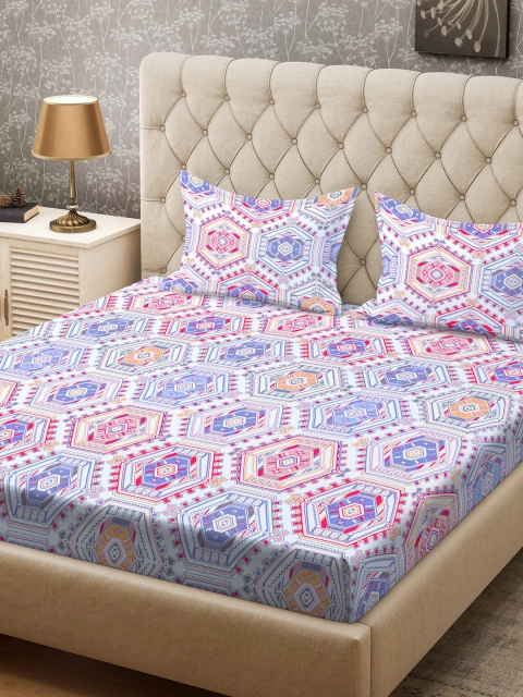 

CORE Designed by SPACES Blue & White Geometric 104 TC Cotton 1 Queen Bedsheet with 2 Pillow Covers