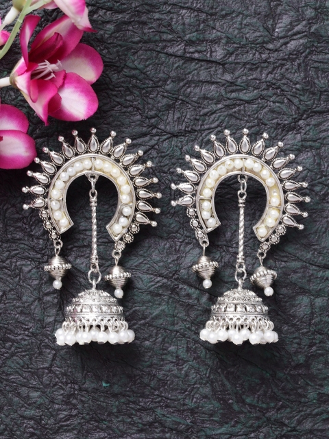 

Moedbuille Silver-Toned Handcrafted Oxidised Pearls Studded Contemporary Jhumkas
