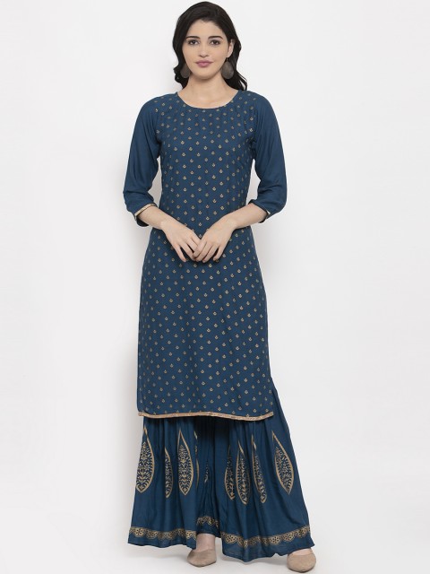 

ANAISA Women Blue Foil Printed Kurta with Sharara, Teal