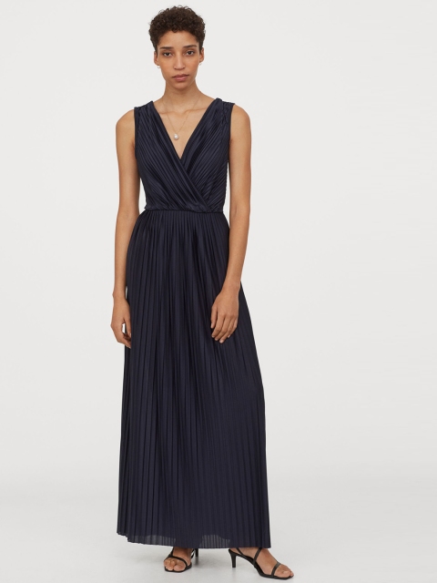 

H&M Women Navy Blue Solid Pleated Jersey Maxi Dress