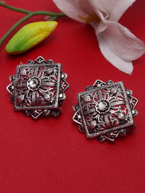 

Moedbuille Brass Plated Silver-Toned Handcrafted Filigree Square Studs