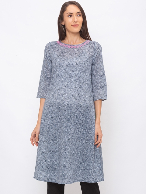 

Globus Women Grey & Blue Woven Design A-Line Kurta
