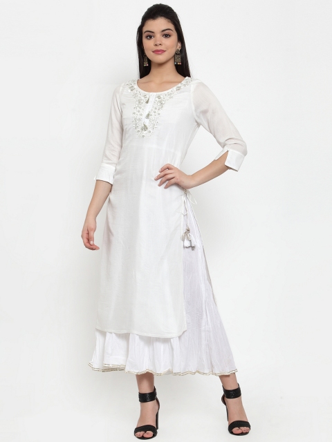 

ANAISA Women White Embroidered A-Line Layered Kurta