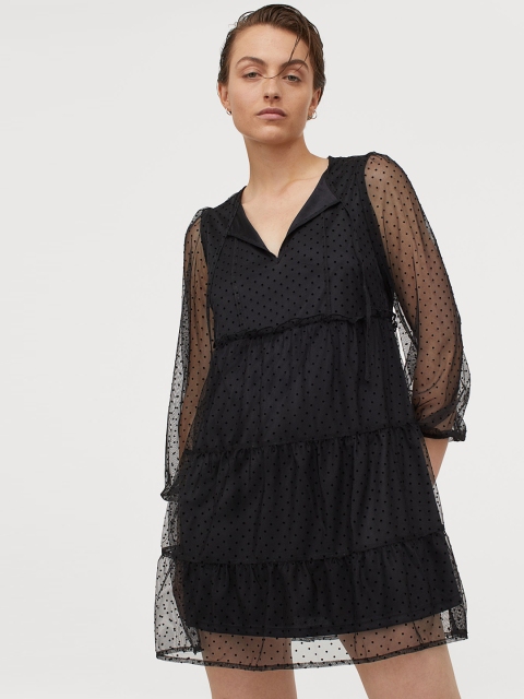 

H&M Women Black Self Design A-Line Tiered Chiffon Dress