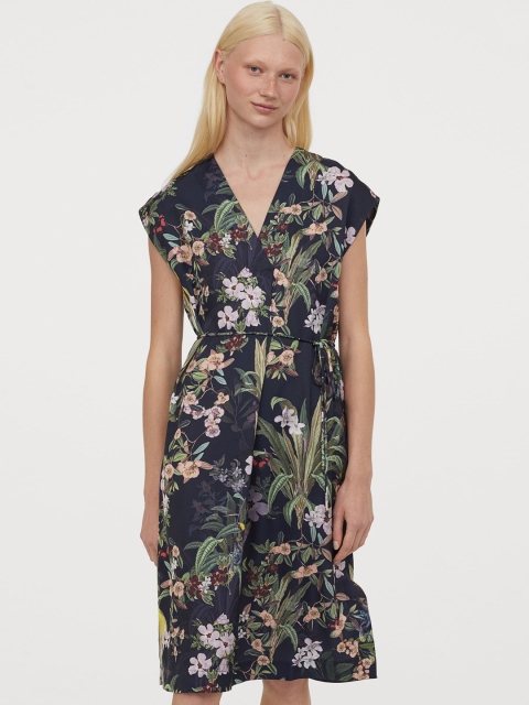 

H&M Women Navy Blue And Peach Floral Printed Fit and Flare Sustainable Dress