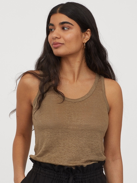 

H&M Women Brown Soliid Linen Jersey Vest Top