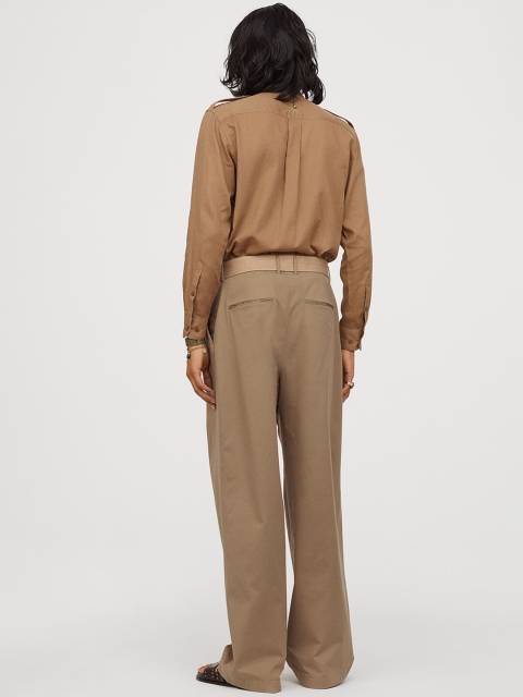 

H&M Men Khaki Brown Solid Wide Cotton Trousers