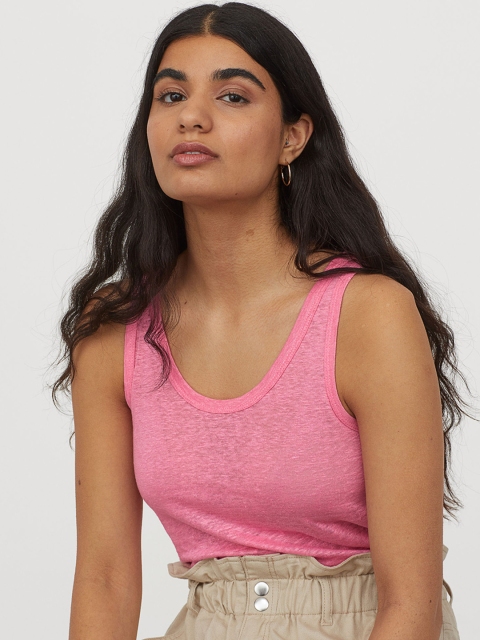 

H&M Women Pink Solid Linen Jersey Vest Top