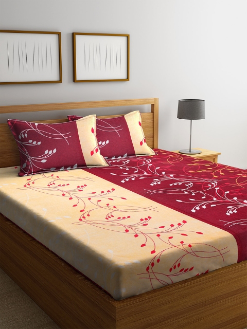 

NEUDIS Yellow & Maroon Floral 180 TC Cotton 1 Queen Bedsheet with 2 Pillow Covers