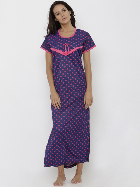 

Pretty Awesome Navy Blue & Pink Polka Dot Printed Nightdress